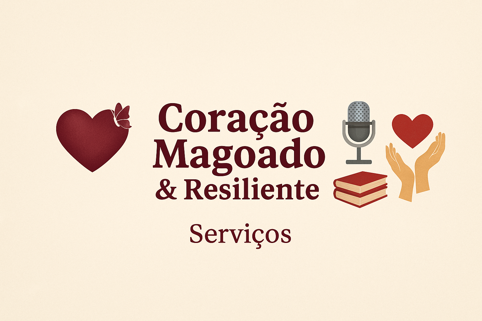 Banner com microfone, livros e mãos com coração